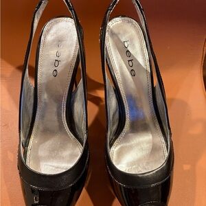 Bebe Glossy Black Slingback Heels